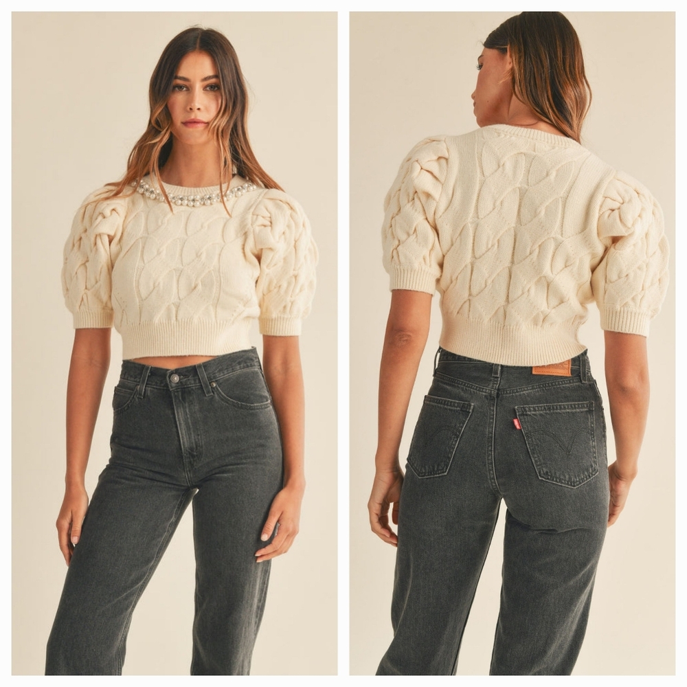 MABLE CATO KNIT CROP CARDIGAN SWEATER SIZE LARGE COLOR CREAM